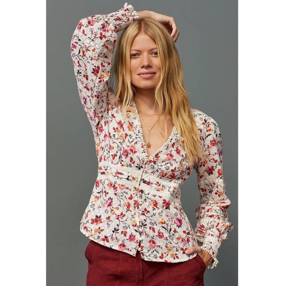 Anthropologie Puff Sleeved Lace Button Down in Pink Combo Floral